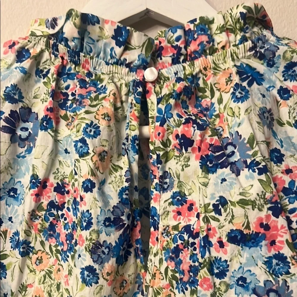 First Love Blue and Pink Ruffled Peter Pan Collar Blouse pit to pit 20” lgth 27”